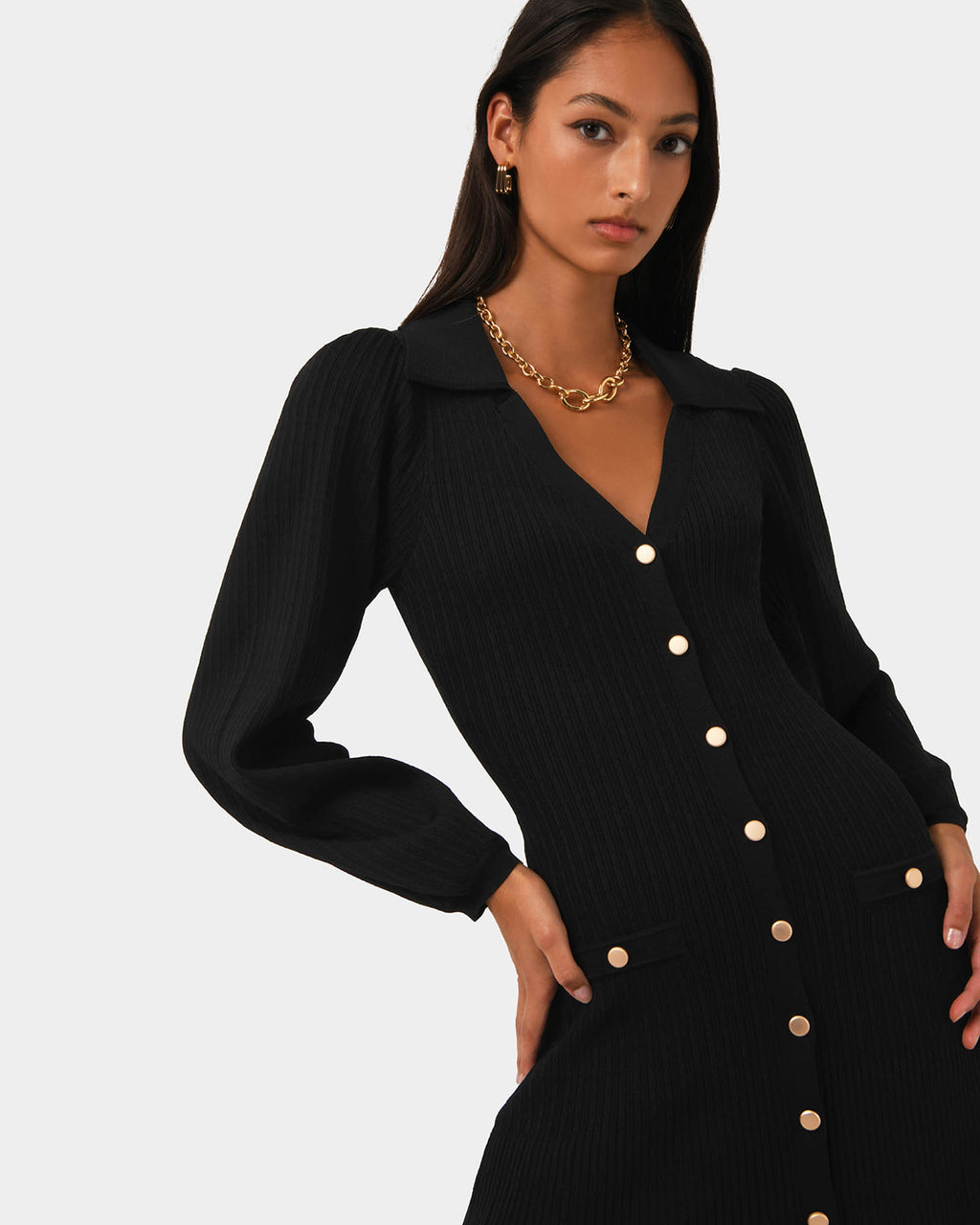 Lara Collar Midi Knit Dress in black — close-up view 2