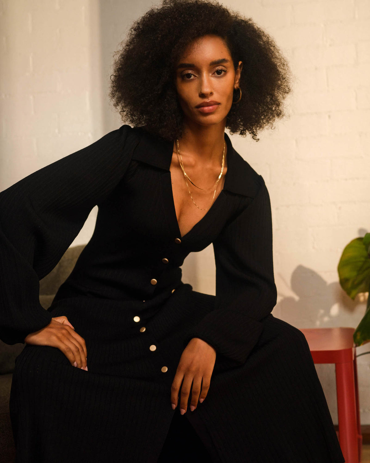 Lara Collar Midi Knit Dress in black — alternate view