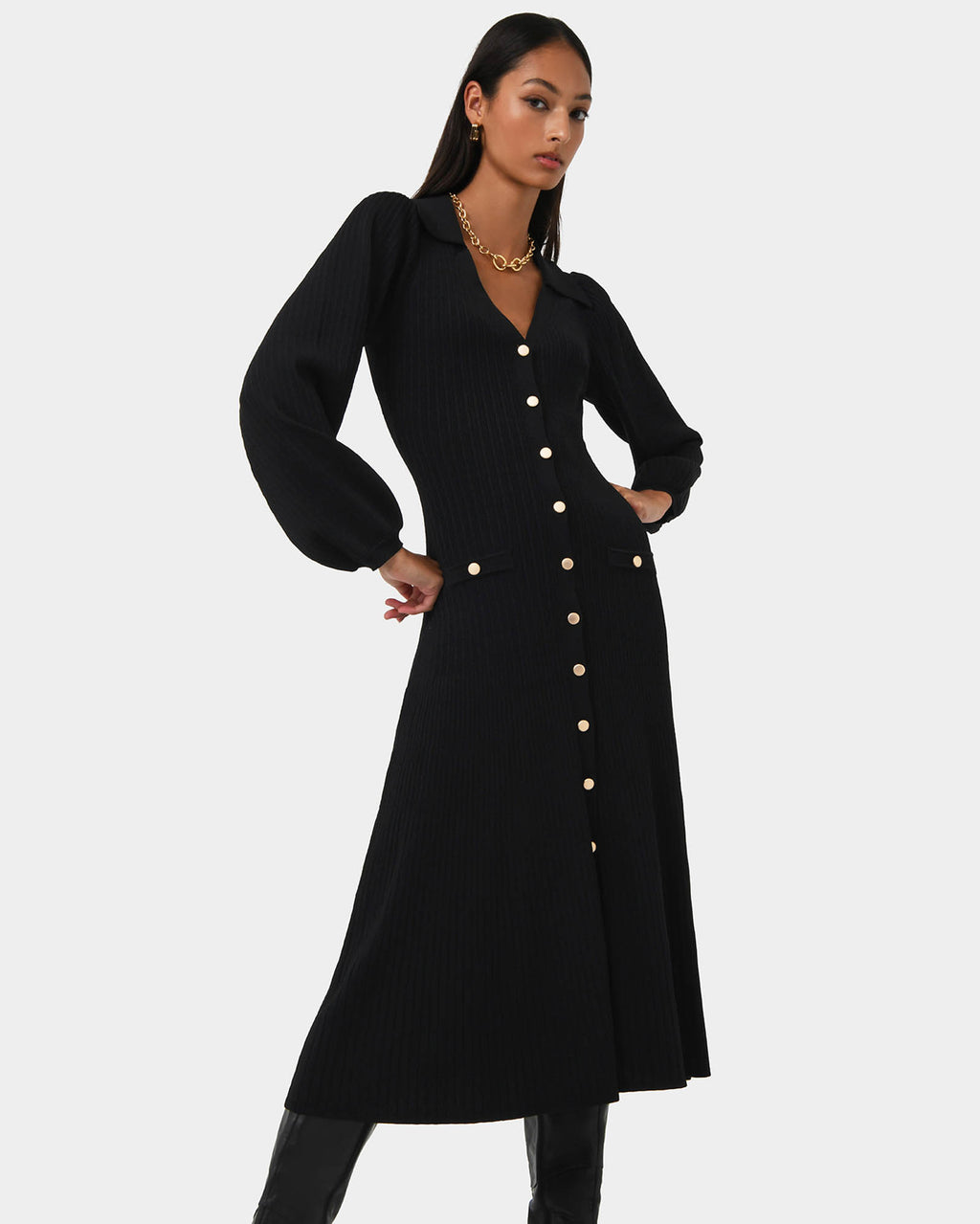 Lara Collar Midi Knit Dress in black — side view