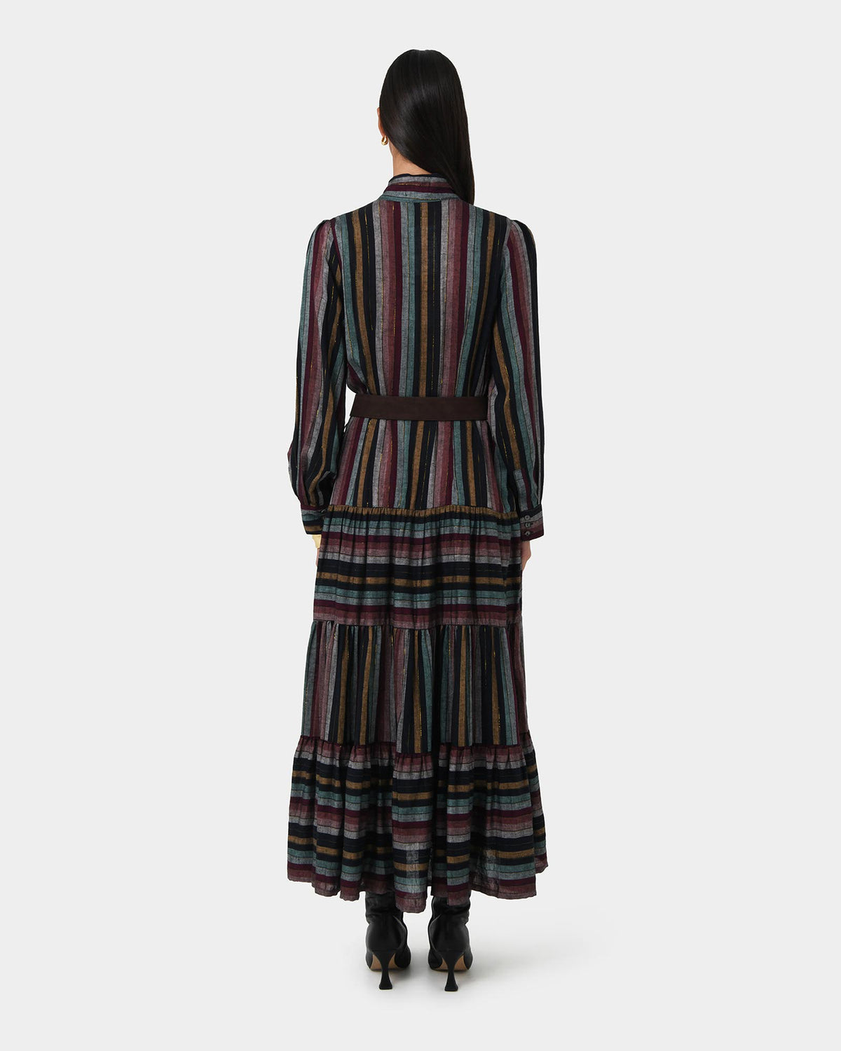 Roxana Linen Tiered Maxi Dress in vintage stripe — back view