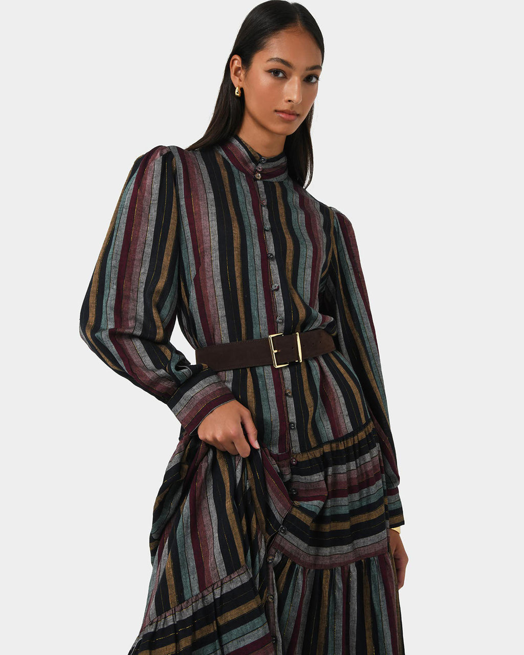 Roxana Linen Tiered Maxi Dress in vintage stripe — close-up view