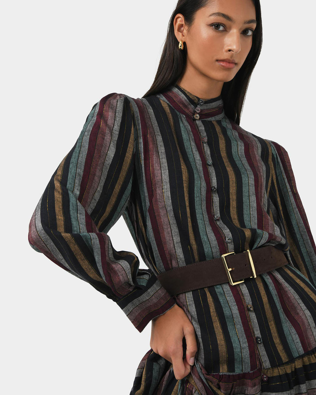 Roxana Linen Tiered Maxi Dress in vintage stripe — close-up view 2