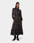 Roxana Linen Tiered Maxi Dress in vintage stripe — full-length view