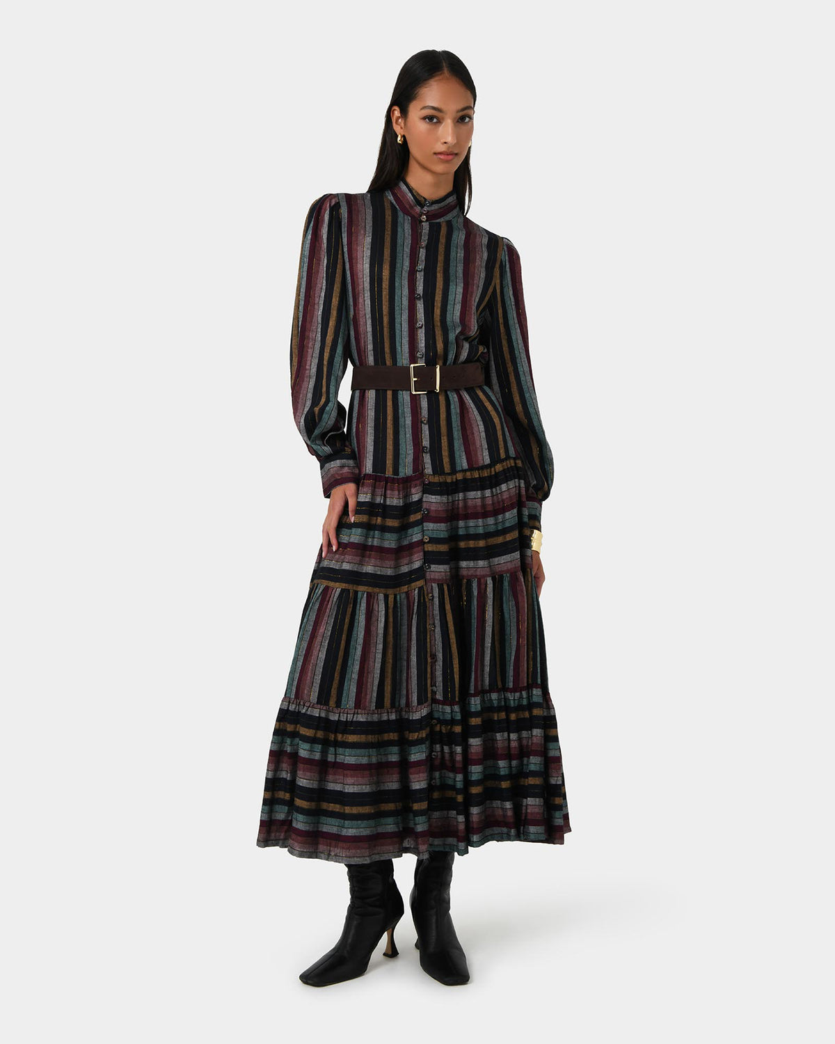 Roxana Linen Tiered Maxi Dress in vintage stripe — full-length view