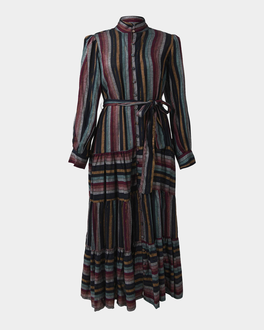 Roxana Linen Tiered Maxi Dress in vintage stripe — product-only view