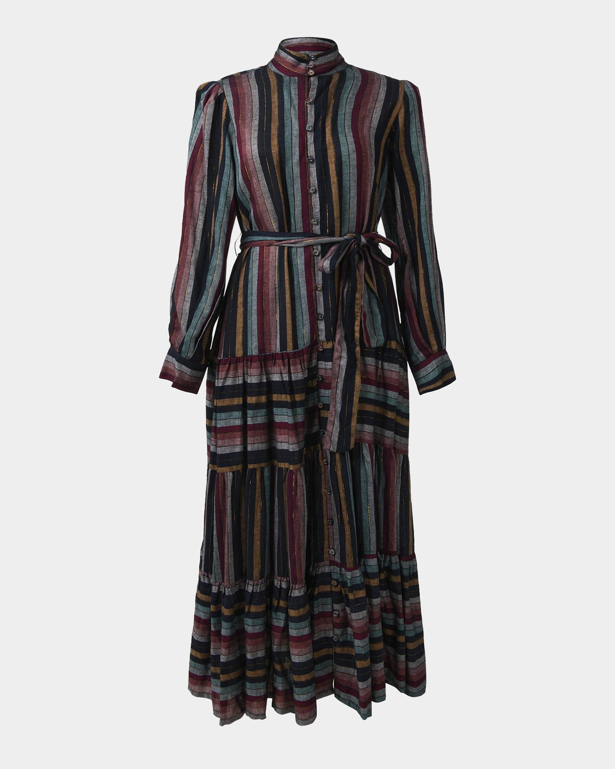 Roxana Linen Tiered Maxi Dress in vintage stripe — product-only view