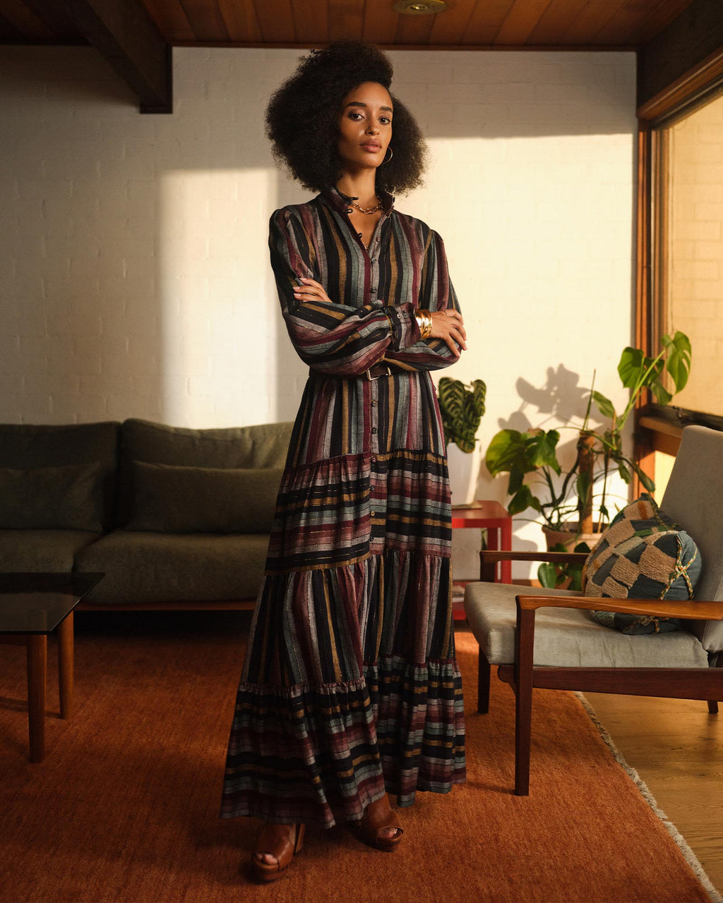 Roxana Linen Tiered Maxi Dress in vintage stripe — alternate view