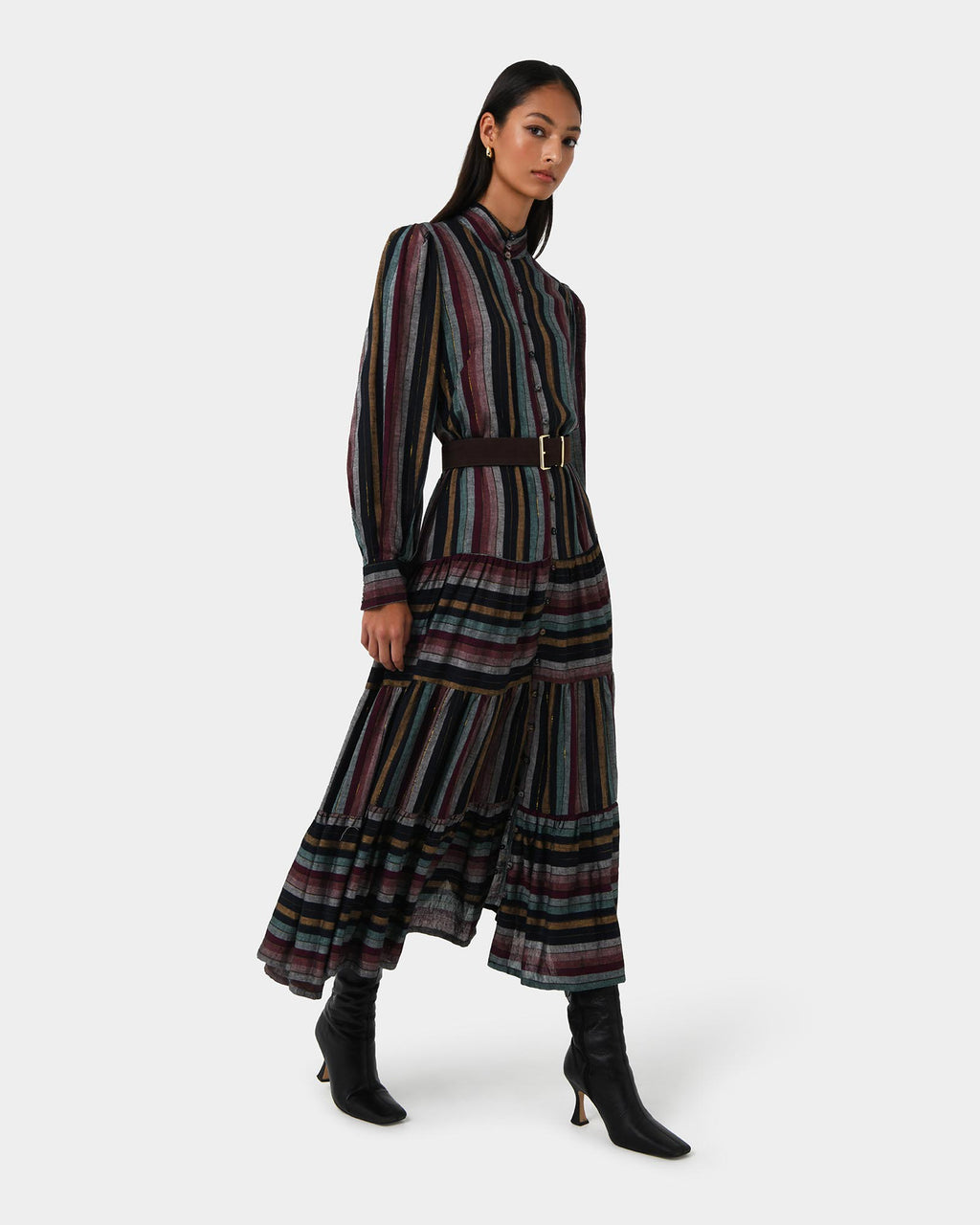 Roxana Linen Tiered Maxi Dress in vintage stripe — side view