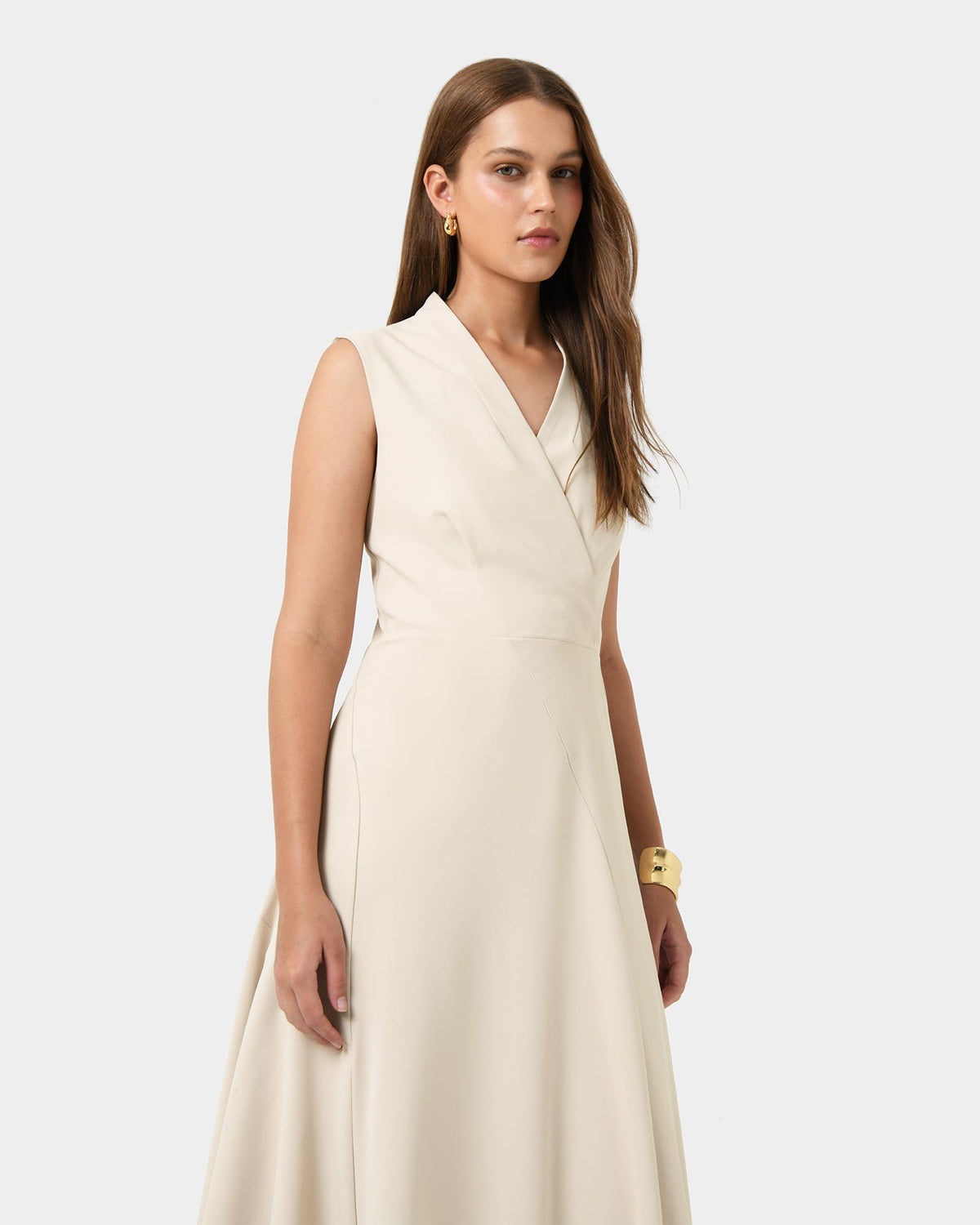 Polly Bias Midi Dress in ecru — close-up view