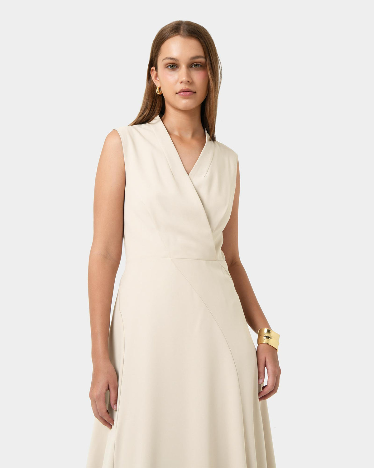 Polly Bias Midi Dress in ecru — close-up view 2