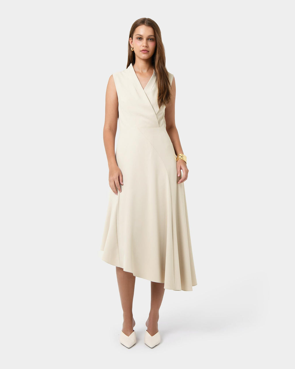 Polly Bias Midi Dress in ecru — full-length view