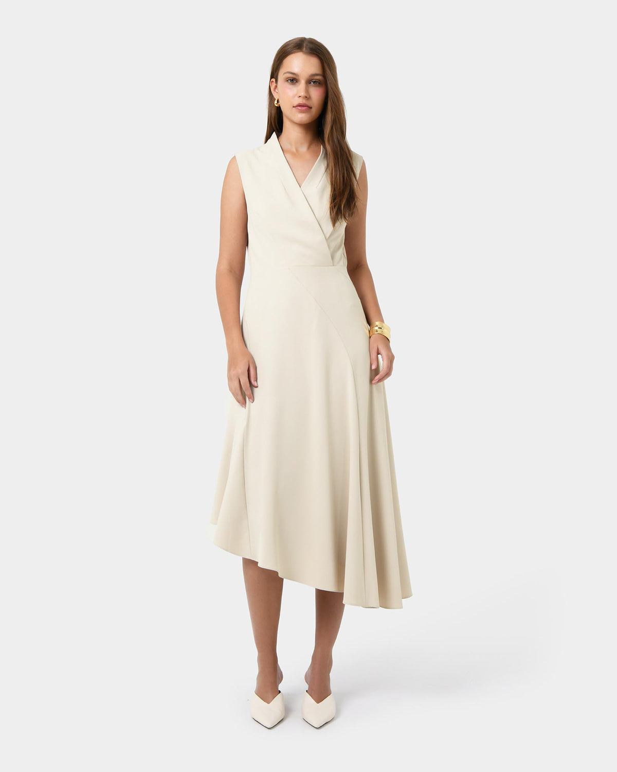 Polly Bias Midi Dress in ecru — full-length view