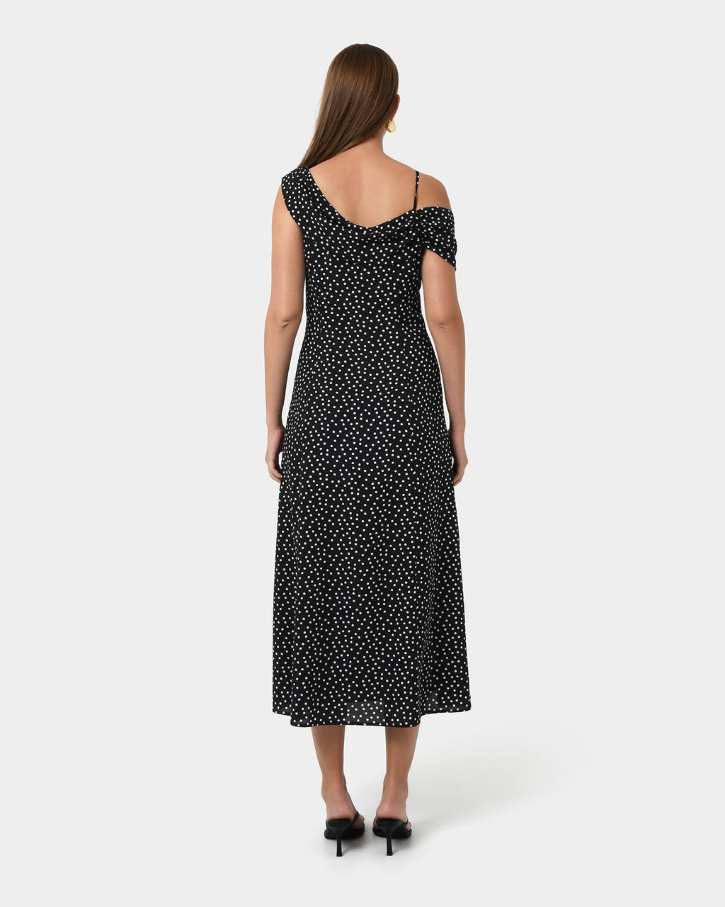 Jules Asymmetric Maxi Dress in polka dot — back view