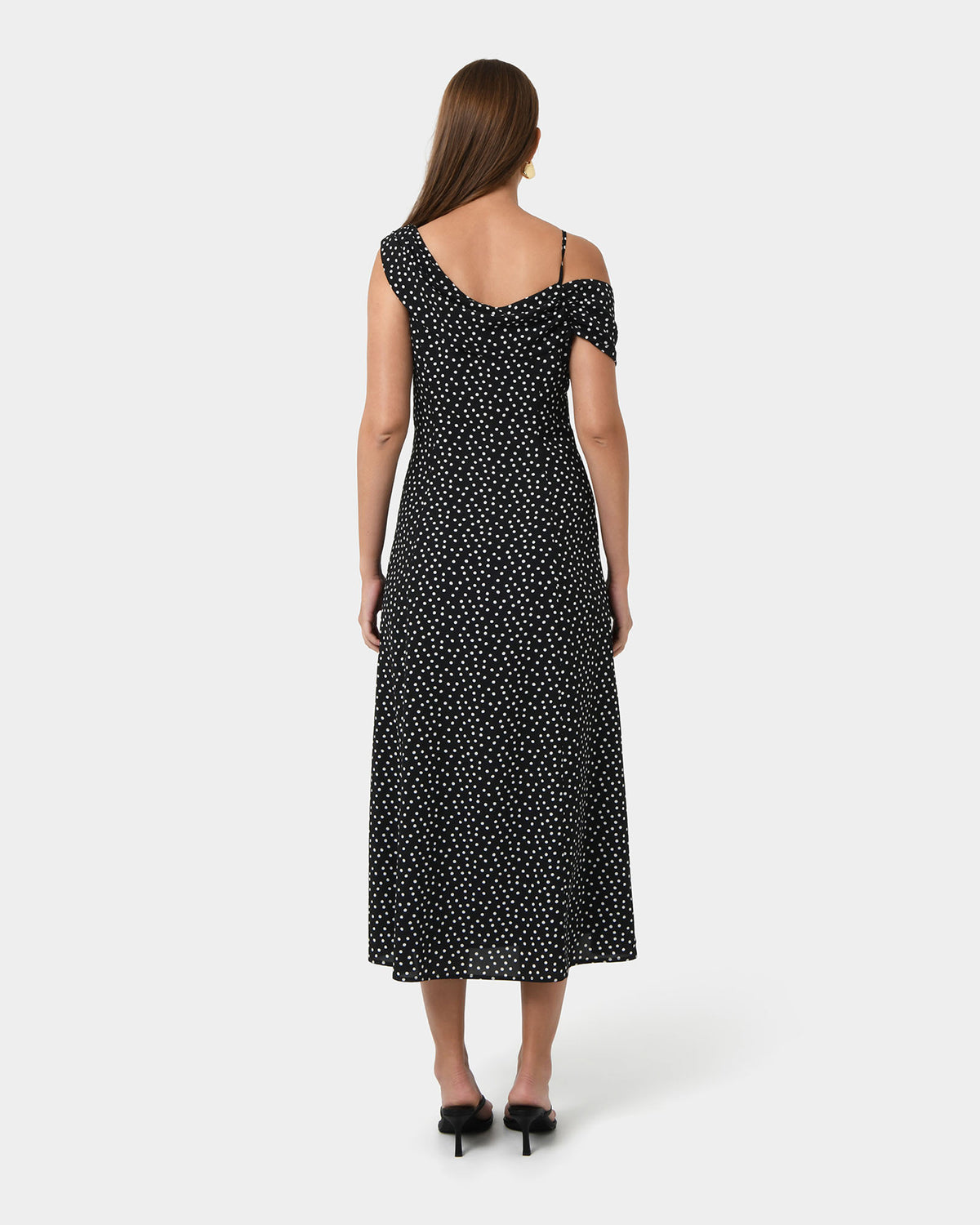 Jules Asymmetric Maxi Dress in polka dot — back view
