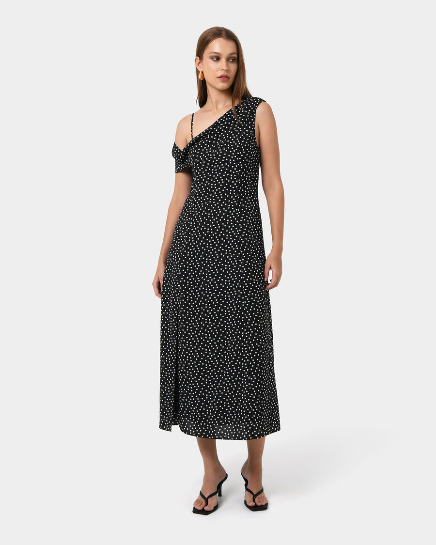 Jules Asymmetric Maxi Dress in polka dot — full-length view