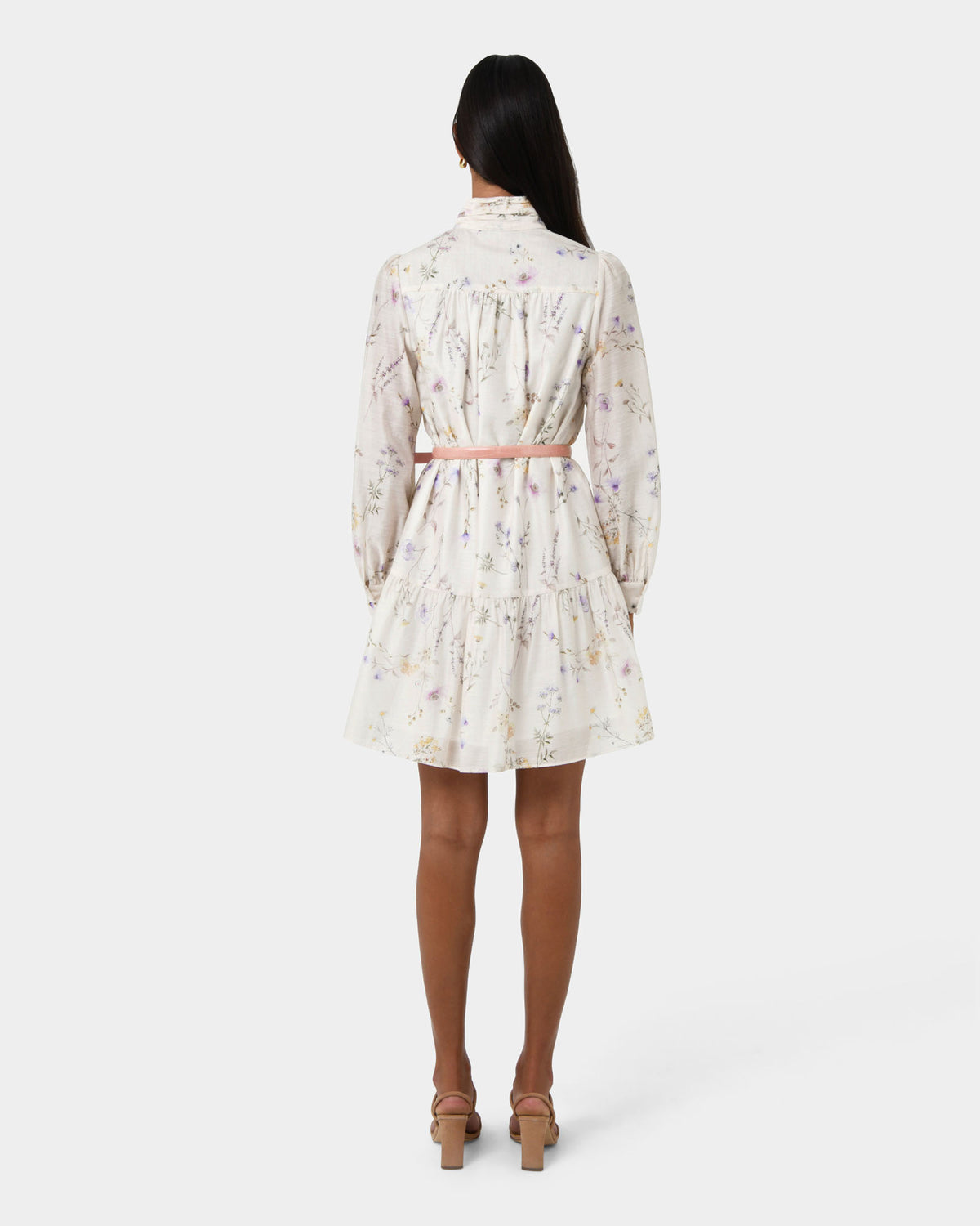 Aurae Floral Tiered Dress in ivory floral — back view