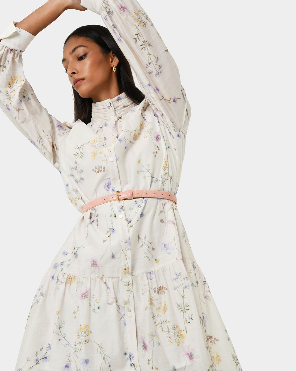 Aurae Floral Tiered Dress in ivory floral — close-up view 2