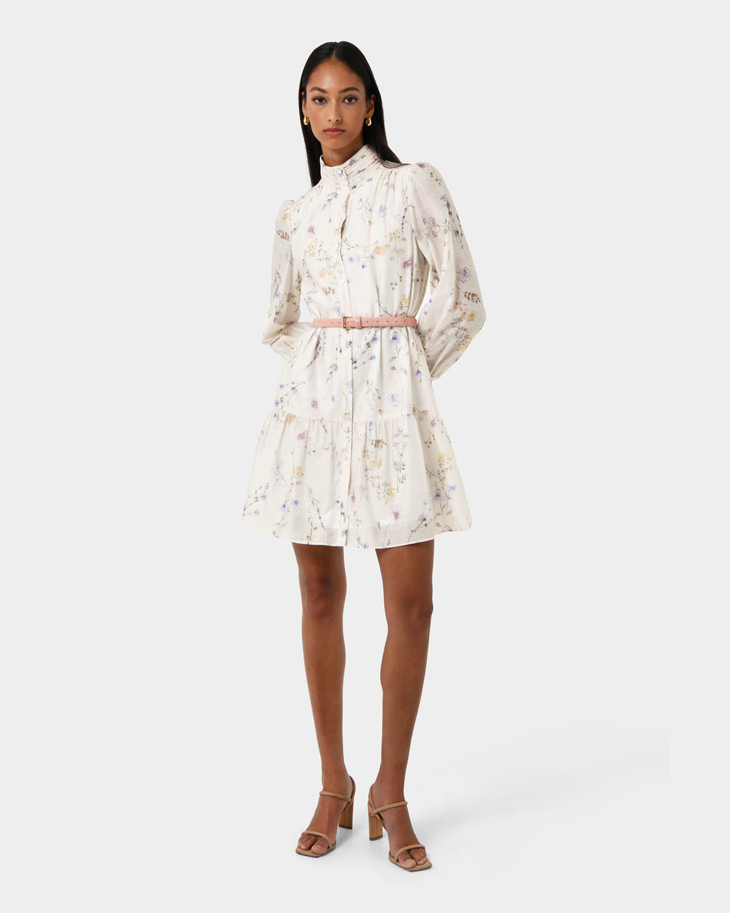 Aurae Floral Tiered Dress in ivory floral — full-length view