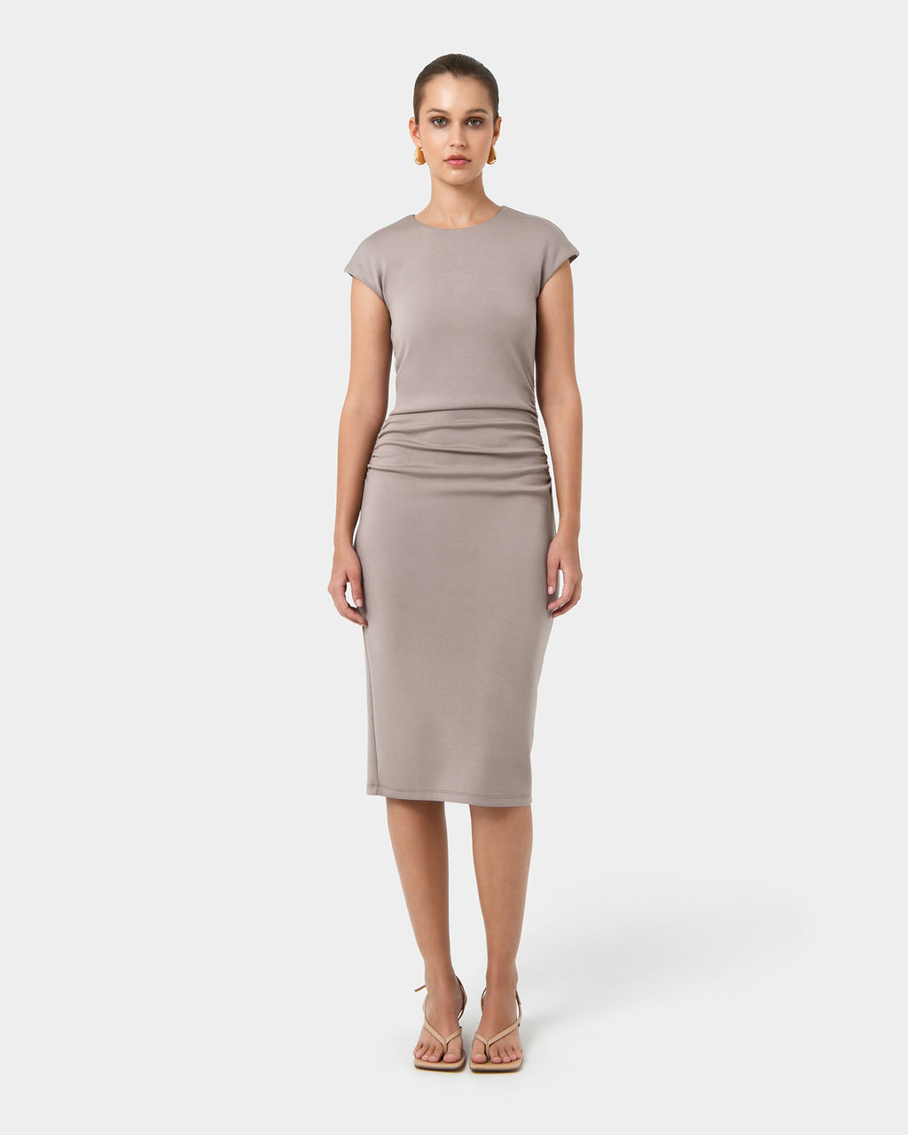 Lulu Ruched Midi Dress in mushroom — full-length view