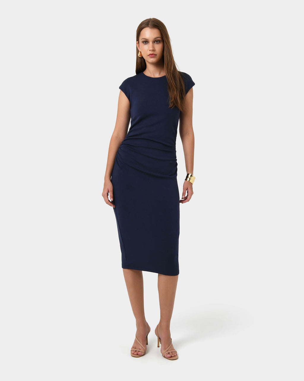 Lulu Ruched Midi Dress in navy — full-length view