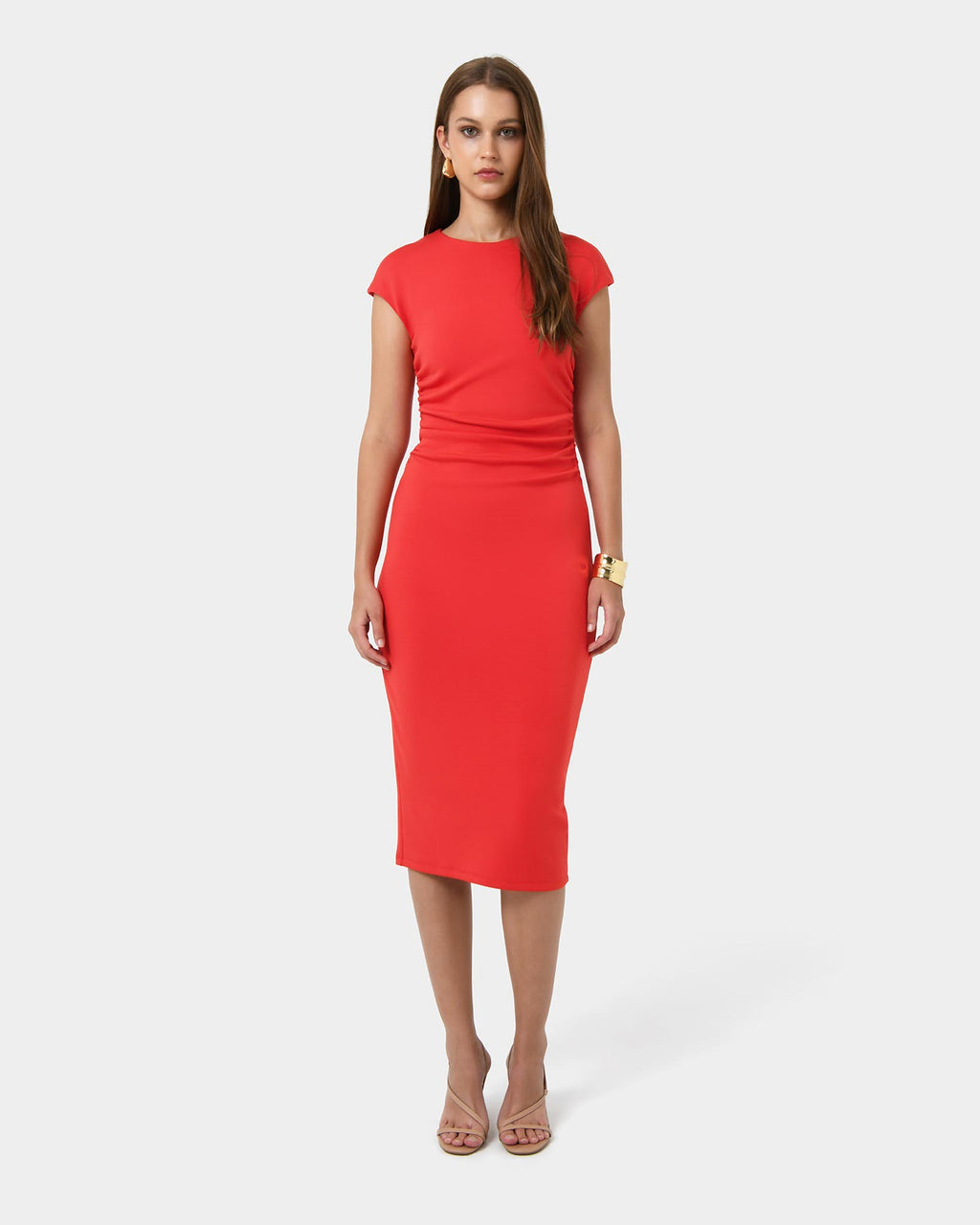 Lulu Ruched Midi Dress in red — full-length view