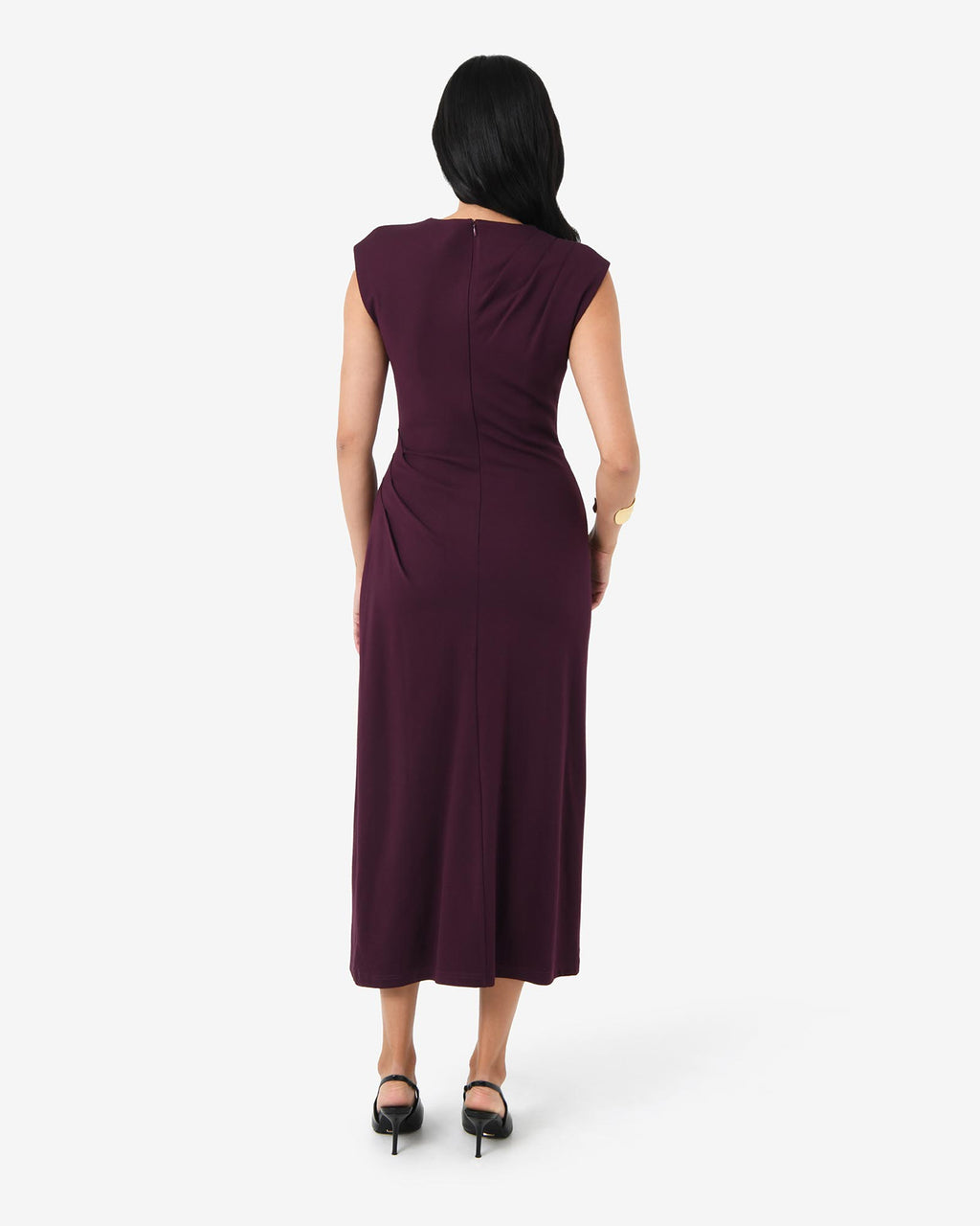 Adele Pleated Midi Dress in mulberry — back view