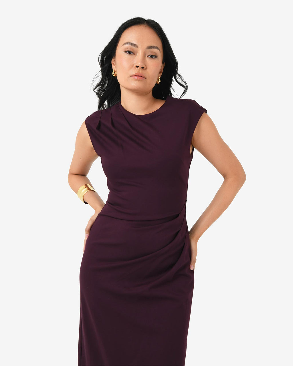Adele Pleated Midi Dress in mulberry — close-up view