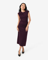 Adele Pleated Midi Dress in mulberry — full-length view