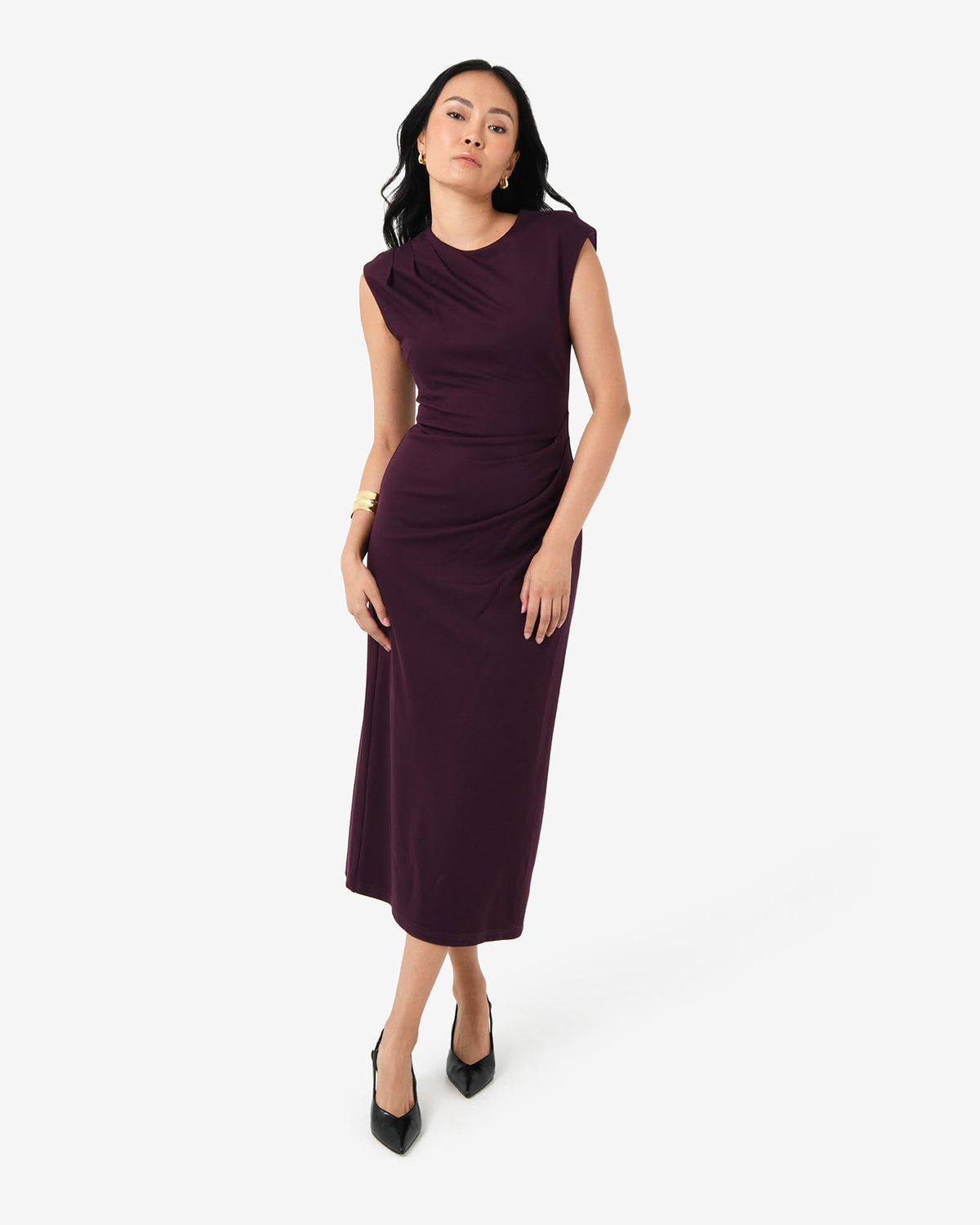 Adele Pleated Midi Dress in mulberry — full-length view