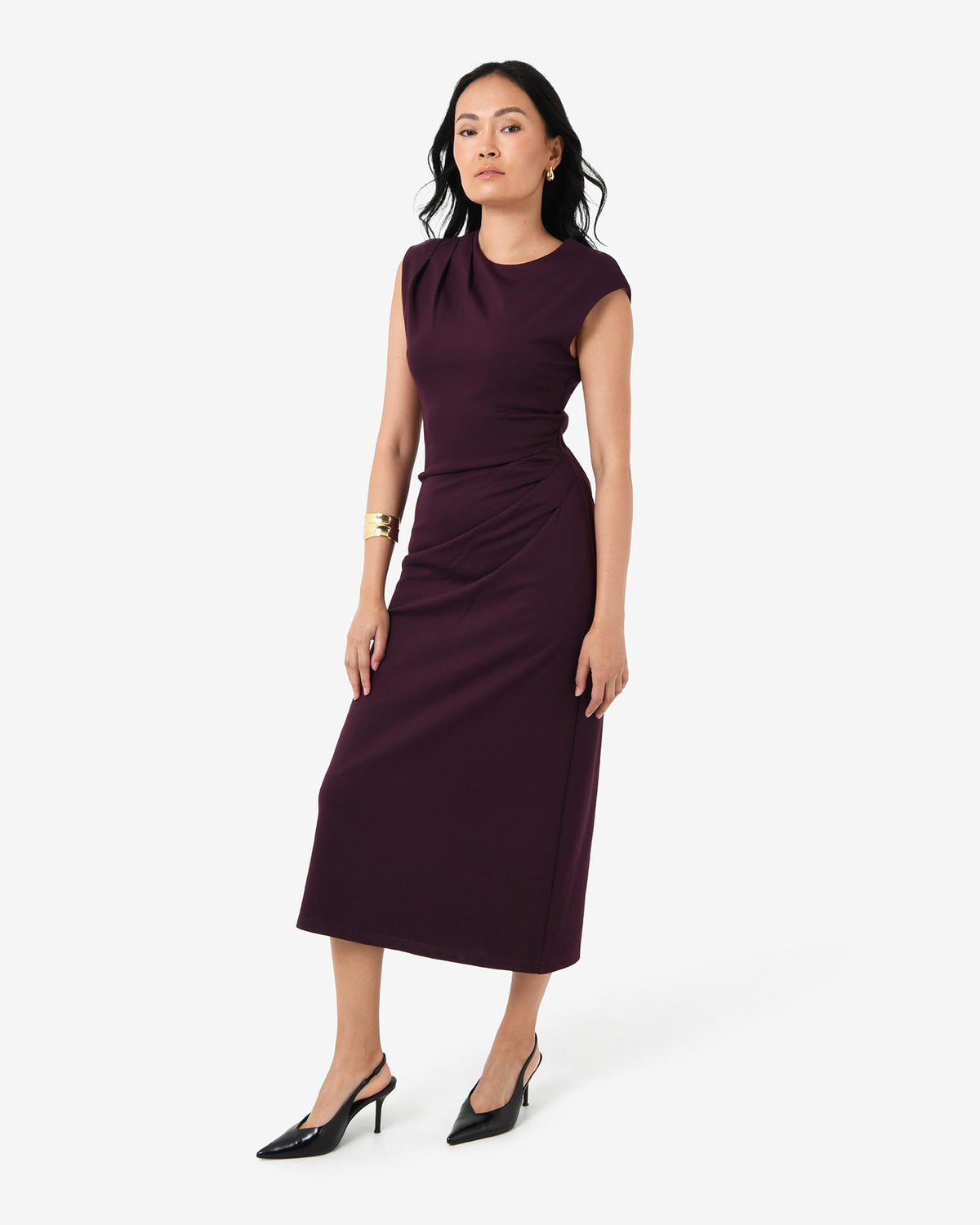 Adele Pleated Midi Dress in mulberry — full-length view 2