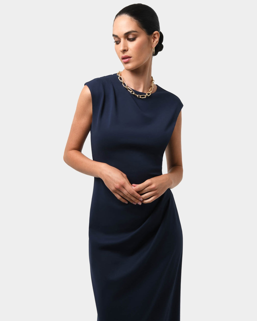Adele Pleated Midi Dress in navy — close-up view 2