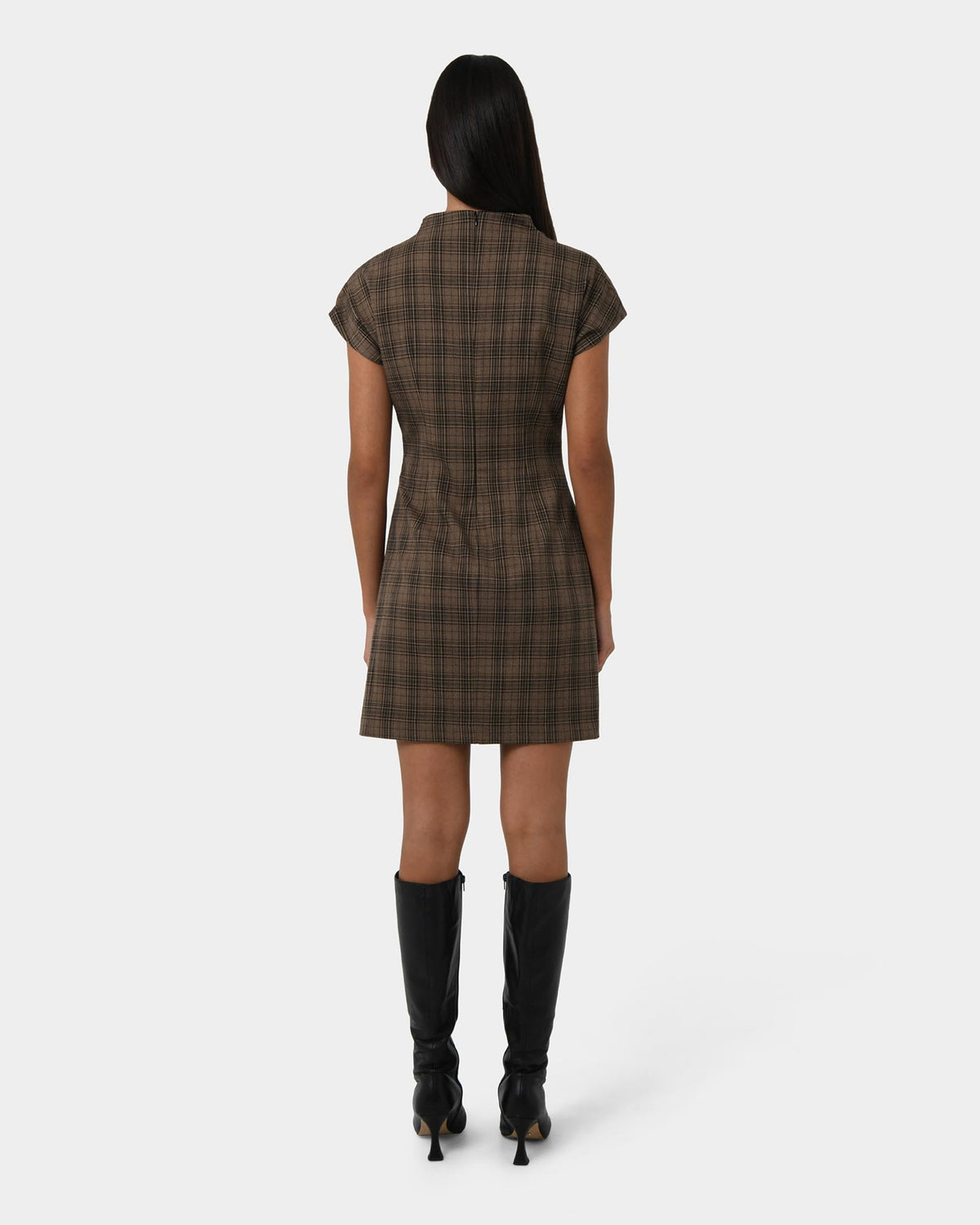 Candice Ruched Mini Dress in brown checks — back view