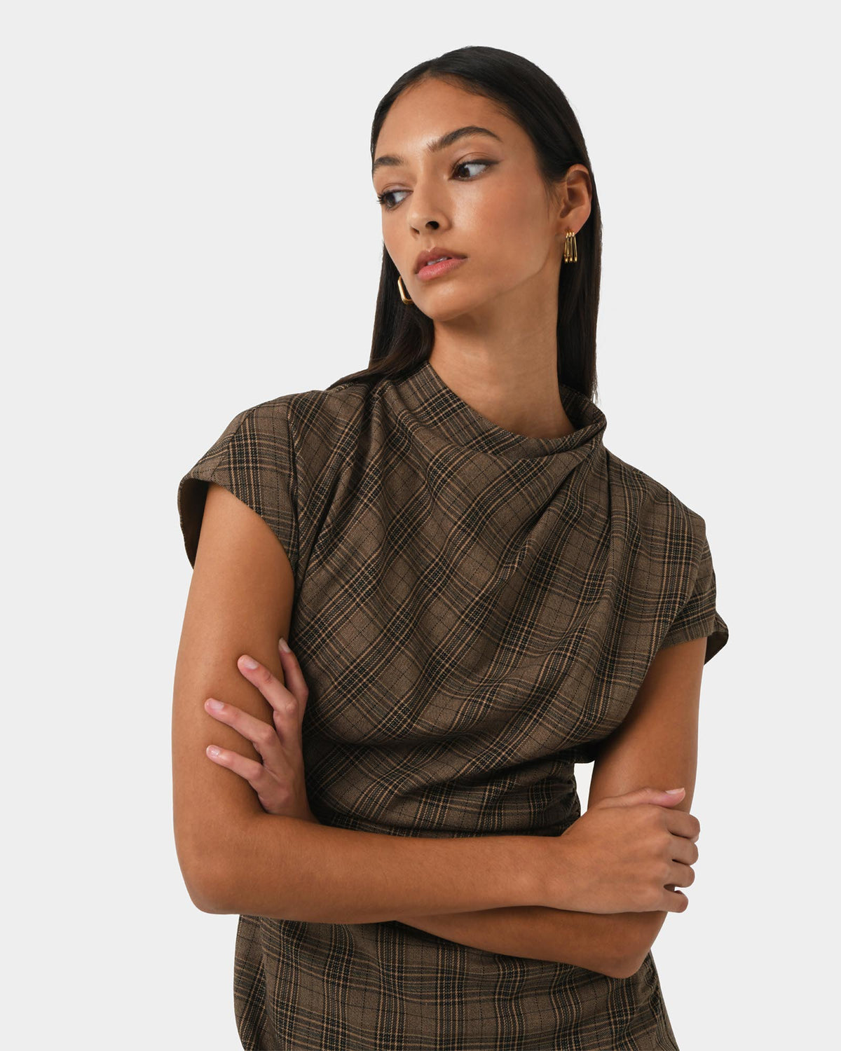 Candice Ruched Mini Dress in brown checks — fabric detail