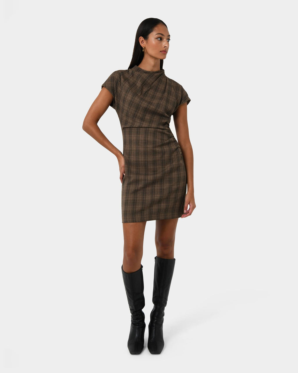 Candice Ruched Mini Dress in brown checks — full-length view