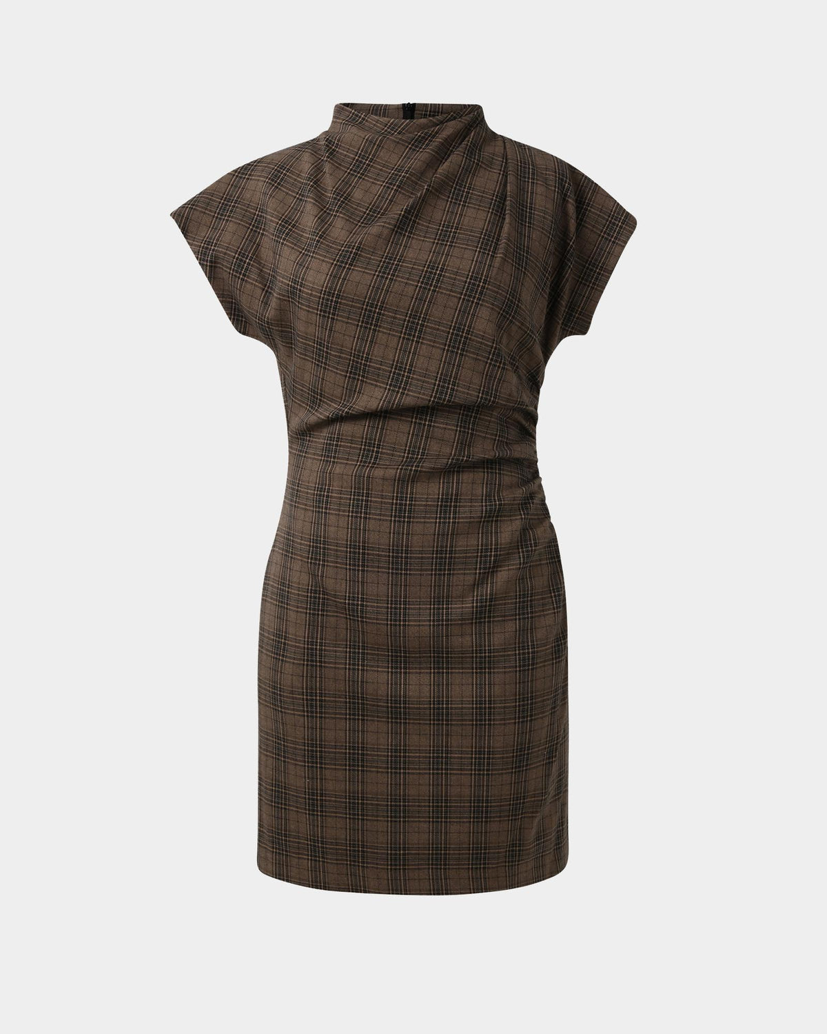 Candice Ruched Mini Dress in brown checks — product-only view