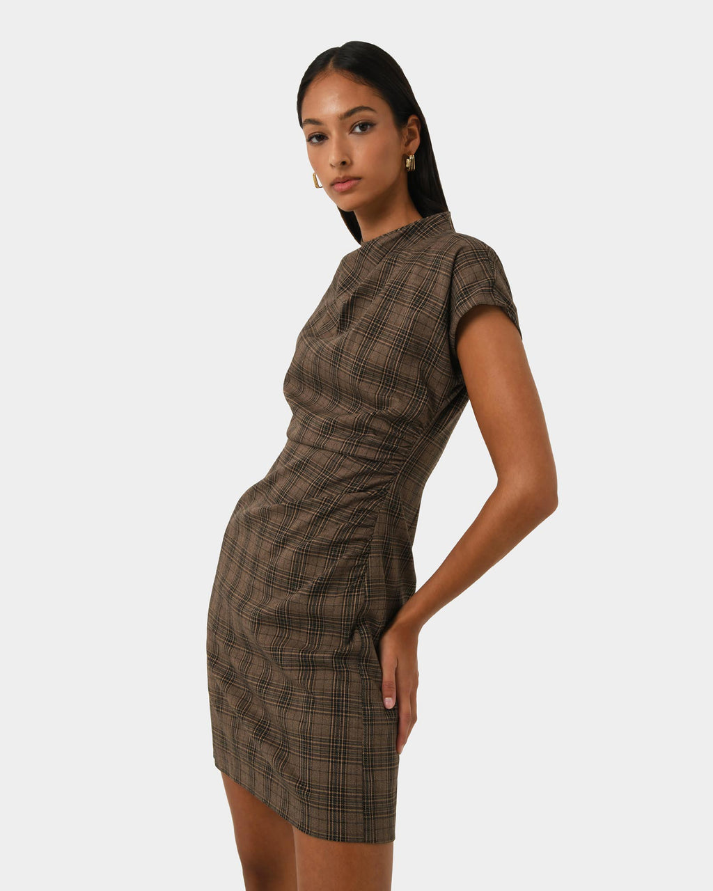 Candice Ruched Mini Dress in brown checks — side view