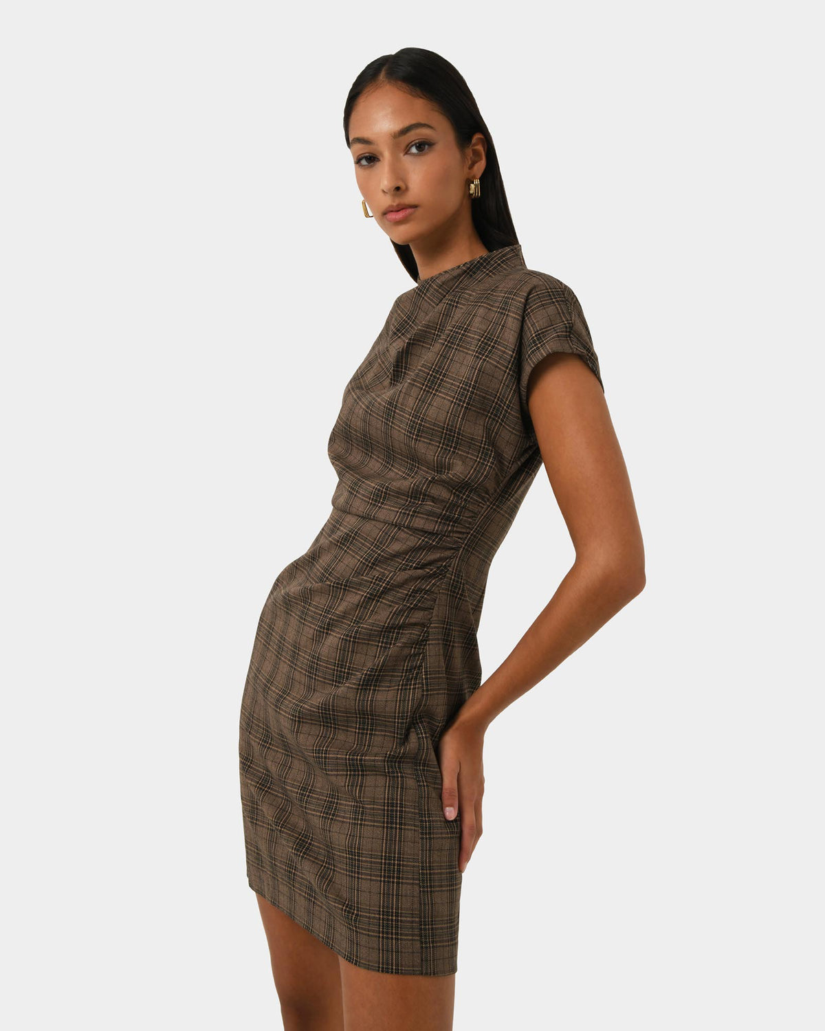 Candice Ruched Mini Dress in brown checks — side view