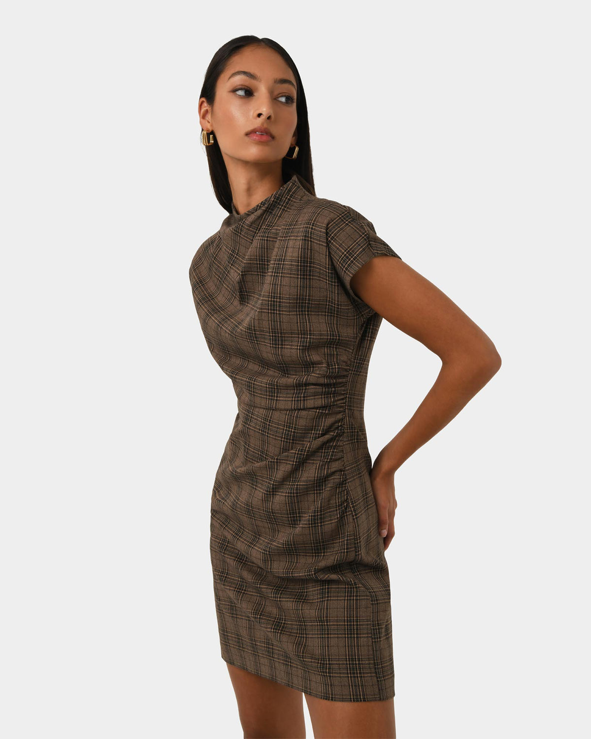 Candice Ruched Mini Dress in brown checks — side view 2