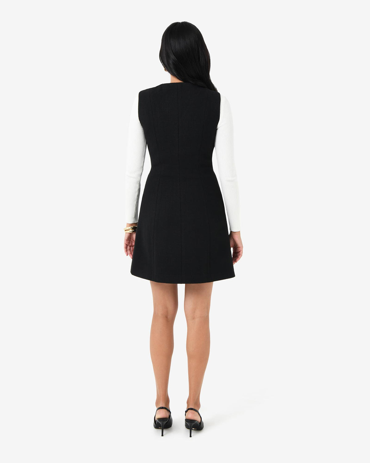 Beth Asymmetric Mini Dress in black — back view