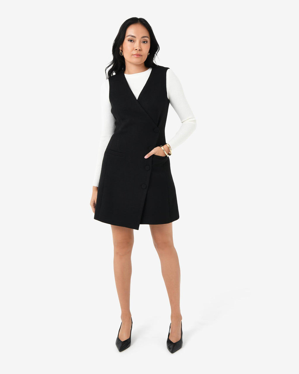 Beth Asymmetric Mini Dress in black — full-length view