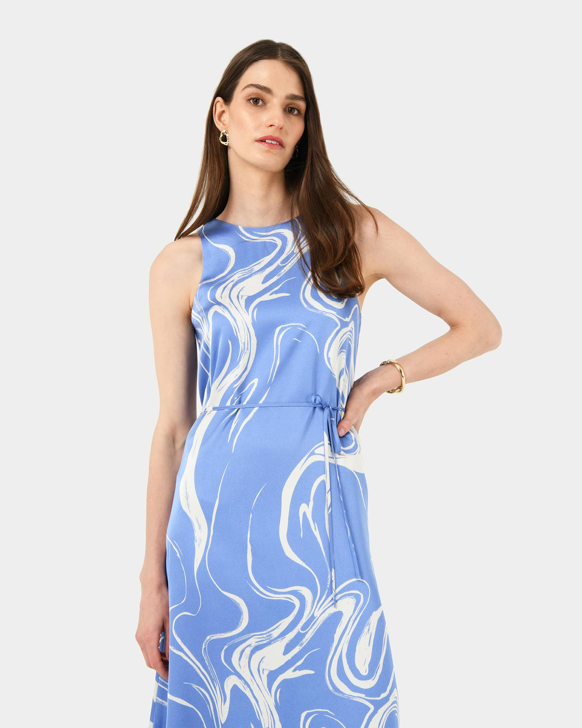 Gretchen Printed Midi Dress in blue swirl — close-up view