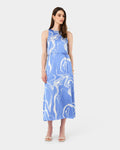 Gretchen Printed Midi Dress in blue swirl — full-length view