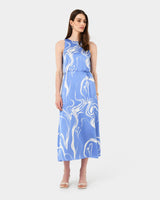 Gretchen Printed Midi Dress in blue swirl — full-length view
