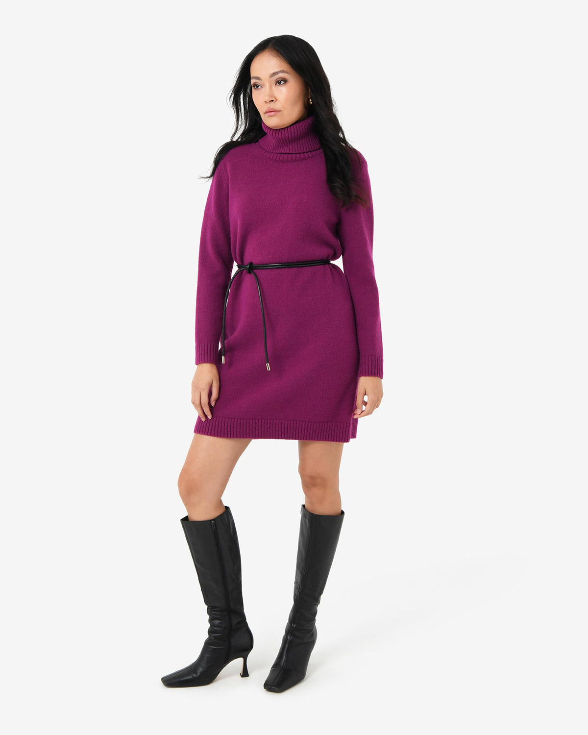 Sasha Wool Blend Knit Dress in berry — full-length view