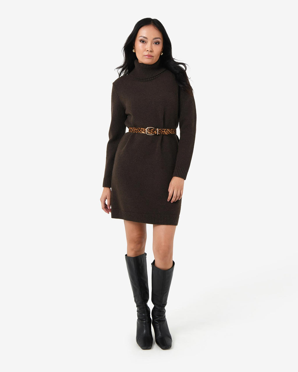 Sasha Wool Blend Knit Dress in espresso — full-length view