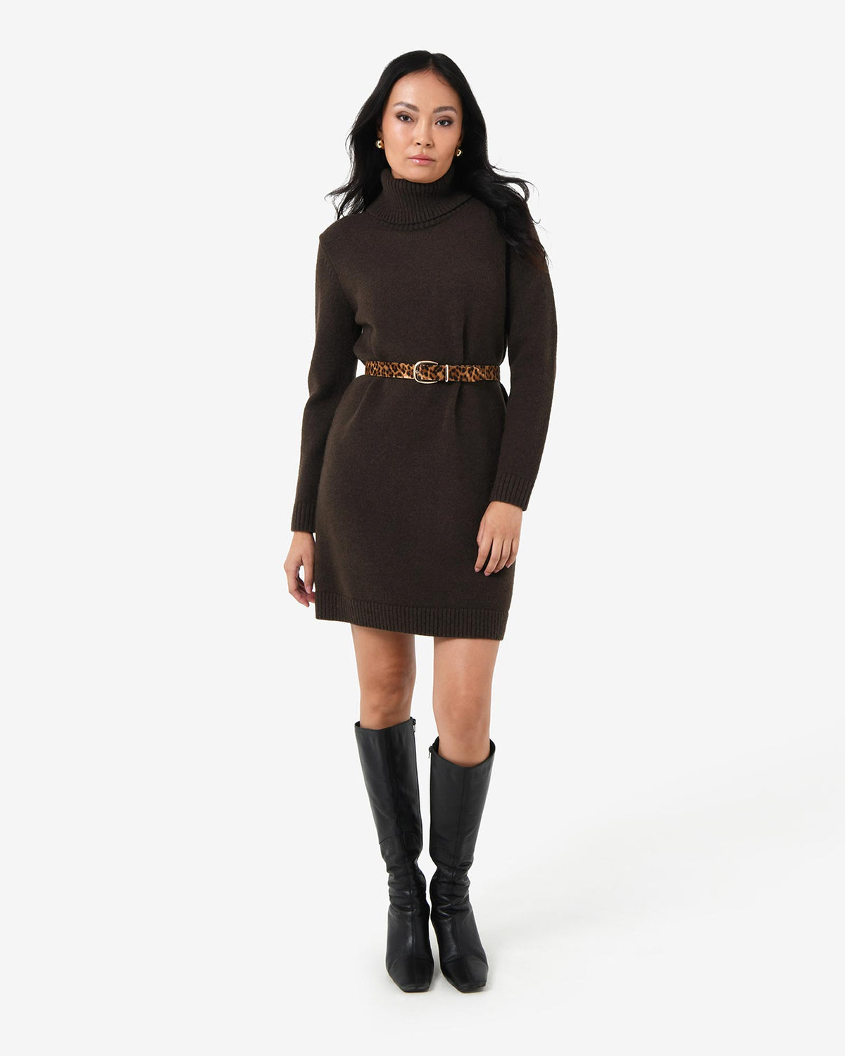 Sasha Wool Blend Knit Dress in espresso — full-length view