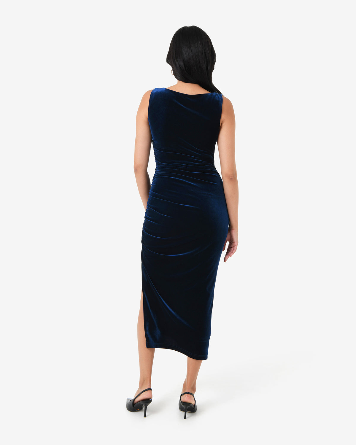 Cory Drape Midi Dress in navy — back view