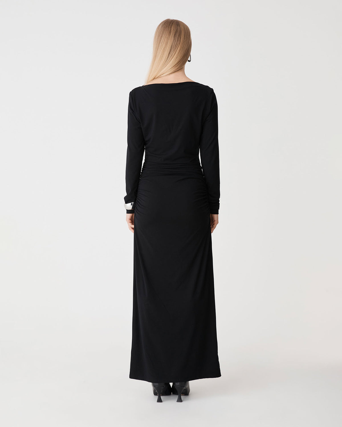 Isobel Bamboo Ruched Dress in black — back view