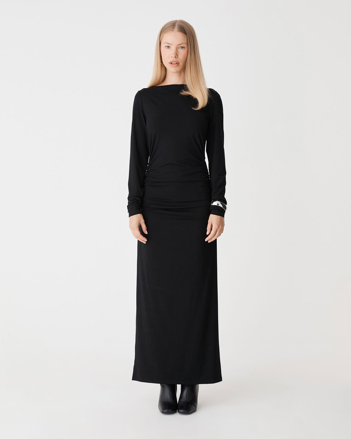 Isobel Bamboo Ruched Dress in black — full-length view