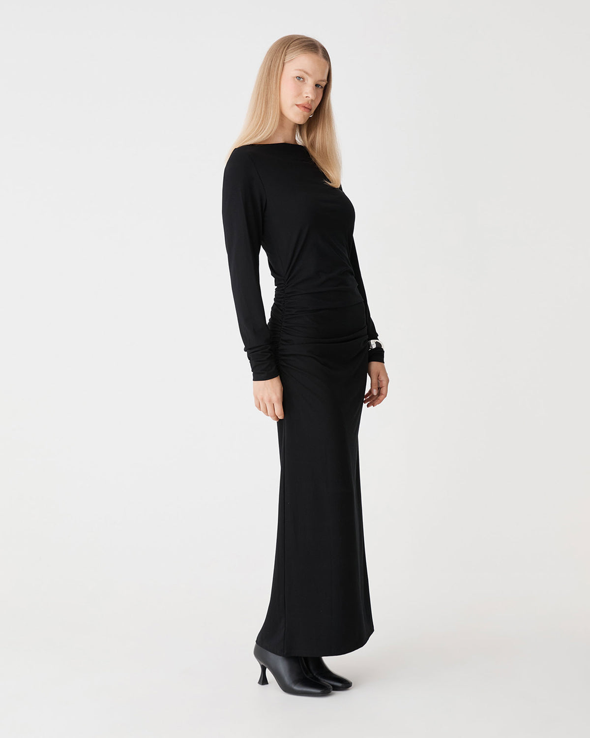 Isobel Bamboo Ruched Dress in black — side view